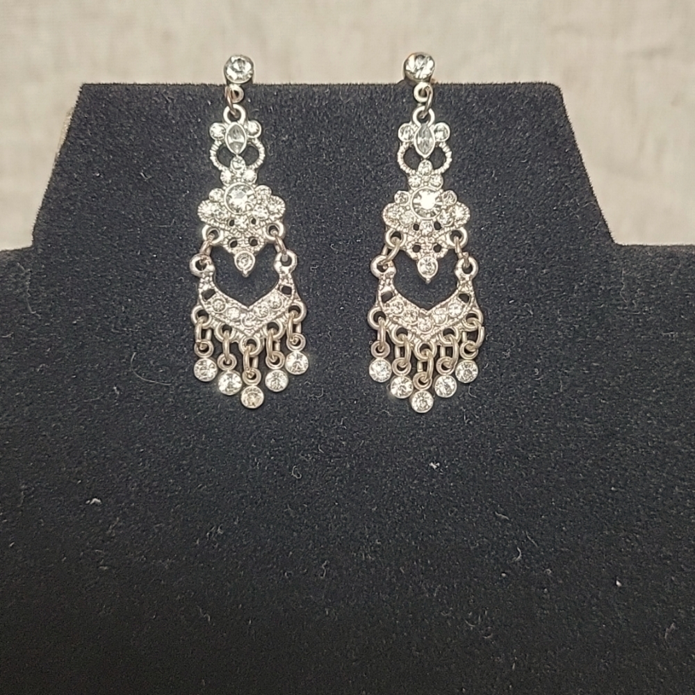 Silver Tone Chandelier Earrings with Rhinestones